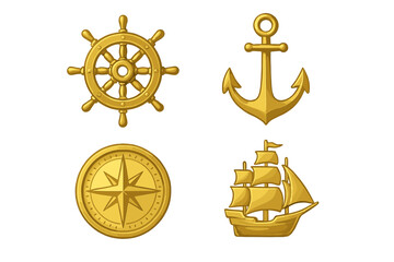 Gold Nautical Icons Vector Set. Ship Helm, Anchor, Compass Rose, Sailing Vessel. Maritime Navigation Emblems. Marine Adventure Symbol Collection. Isolated Illustration for Travel, Transport, Sea Logo.