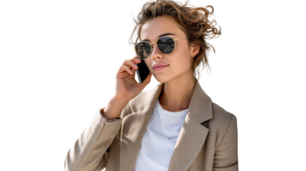 A stylish woman talking on her smartphone, exuding confidence and modern elegance.