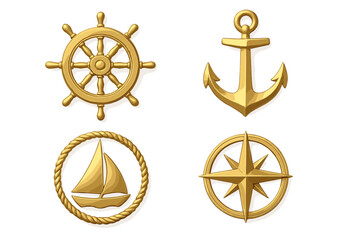 Golden nautical emblem set. Ship wheel, anchor, sailboat, compass rose. Marine navigation symbols collection. Boating, sailing, adventure, maritime badges isolated on transparent background.