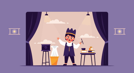 Fototapeta premium Boy Playing Magician On Stage Performing Tricks And Using His Magic Wand