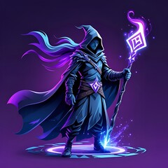 Gaming wizard mascot logo with glowing staff, dark cloak and mystical aura, purple and blue tones, transparent PNG esport logo

