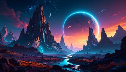 A vibrant, otherworldly landscape with towering peaks, a glowing celestial body, and a winding river