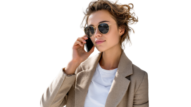 A stylish woman talking on her smartphone, exuding confidence and modern elegance.