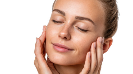 A woman enjoying a moment of relaxation and wellness with a serene facial expression.