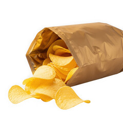 Potato chips spilling from bag isolated on transparent background