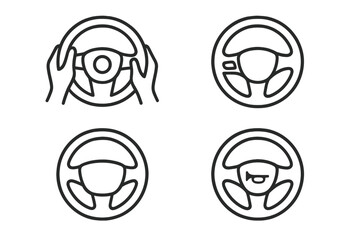 Steering wheel icons set. Outline vector illustration of steering wheels with hand positions, safe driving principles, airbag symbol, horn, 10 and 2 grip mark, modern driver POV, automotive dashboard.