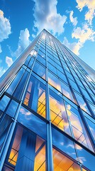 Obraz premium Modern Glass Office Building Reflecting Sky and Clouds in Urban Environment