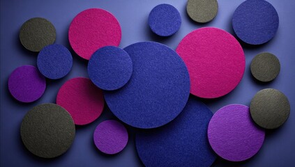 Abstract design of layered circles in various shades of purple, pink, and dark blue on a muted grayish-blue background