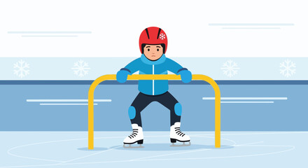 Obraz premium Boy Practicing Ice Skating With Aid On Frozen Rink During Winter Season