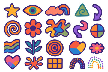 Creative collection of abstract icons and colorful illustrations featuring unique shapes, imaginative design elements, vibrant vector cartoons and artistic digital graphics for diverse projects