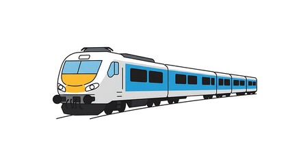 Naklejka premium Modern Blue and White Passenger Train Traveling on Tracks - Vector Illustration