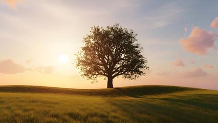 Fototapeta premium Solitary tree in warm sunset light in open grassland landscape