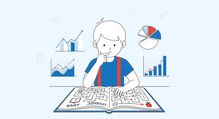 Boy Reads Strategy Book And Analyzes Data For Business Development