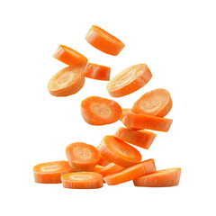 Sliced carrots falling in air isolated on transparent background