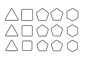 Geometric polygon shapes collection, rounded outline icons, minimalist triangle, square, pentagon, hexagon, heptagon, octagon, modern vector set, simple seamless pattern, math education concept