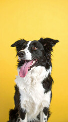 Fototapeta premium Border collie dog with open mouth and tongue out making funny face on yellow studio background