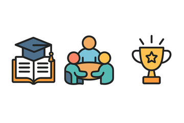 Education and Teamwork Achievement Icons Vector Set. Cartoon Style Learning, Collaboration, Group Discussion, Academic Success, Motivation, Trophy, Knowledge, Modern School, Transparent Background