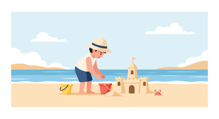 Boy Building Sandcastle On Sunny Beach Day Summer Vacation Fun Holiday
