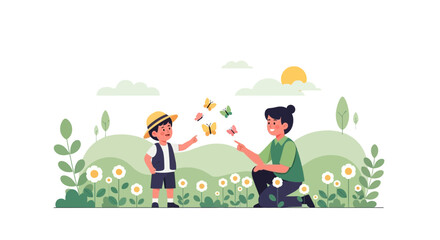 Obraz premium Charming Summer Day Child Interacting With Nature And Butterflies In Meadow