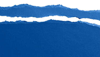 Isolated on a clean white background, the image features realistic, torn paper edges with an irregular, ripped blue texture. Ideal for digital design, scrapbooking, creative presentations, or collage 