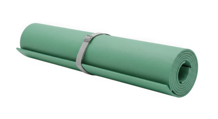 Rolled green yoga mat with strap on black background