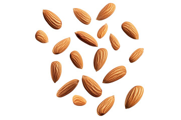 Scattered whole almonds falling isolated on transparent background