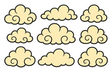 Cartoon cloud vector set. Hand drawn retro style fluffy clouds. Vintage swirl cloud icons. Editable outline clipart. Cute decorative sky elements for kids illustration, sticker, background, design.