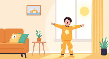 Fototapeta premium Boy Waking Up and Stretching In the Morning With Sunlight Streaming In