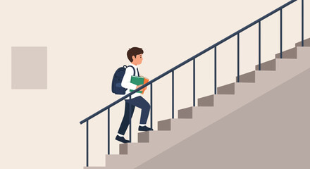 Fototapeta premium Boy Walking Up The Stairs With Books Going To School Is Determined