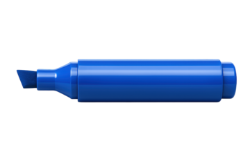 Close-up view of a bright blue highlighter pen with a felt tip, isolated on a dark background.