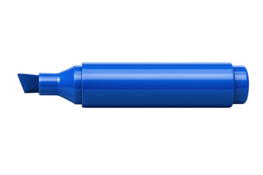 Close-up view of a bright blue highlighter pen with a felt tip, isolated on a dark background.