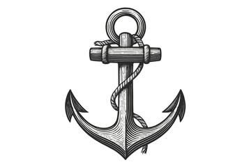 Nautical anchor vintage engraving, maritime symbol, detailed ship anchor illustration, hand-drawn retro emblem, rope wrapped anchor vector, classic seafaring marine decor, transparent PNG