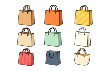 Diverse collection of shopping bags, paper bags, tote bags, and gift bags. Colorful vector cartoon set featuring various retail packaging designs for branding, merchandising, and product display.