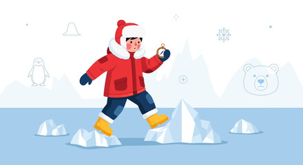 Naklejka premium Boy With Compass Climbs Icebergs In Frigid Arctic Environment Adventures