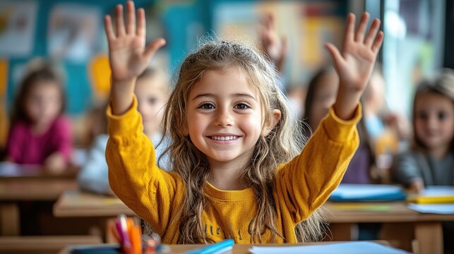 Happy Kids Raising Hands in Classroom: Cheerful Students with School Supplies & 2/3 Text Space