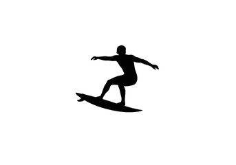 Fototapeta premium Silhouette illustration of a surfer riding a surfboard on a white isolated background
