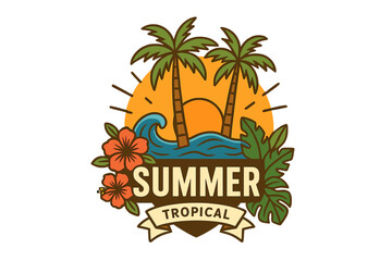 Tropical summer badge vector illustration. Palm trees, sunset, sea waves, hibiscus flowers, jungle leaves. Paradise beach emblem. Exotic vacation, holiday label. Sun, floral, travel, adventure, nature