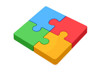 3D colorful jigsaw puzzle pieces vector. Four connected puzzle elements in blue, red, yellow, green. Teamwork, collaboration, solution concept. Interlocking parts on white isolated background.