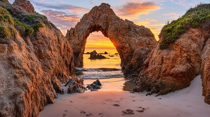 Serene Coastal Arch at Sunset Captivating Rock Formation with Golden Glow Over Tranquil Ocean Waves