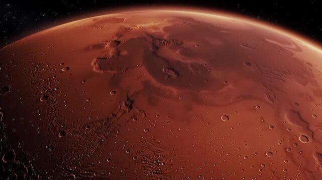 Martian Surface.
Description Close up view of the red, crater-filled surface of a planet, possibly Mars