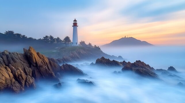 Serene Mystical Pacific Coastline at Dawn with Crescent Moon and Towering Seaside Beacons - Powered by Adobe