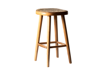 A Classic Wooden Bar Stool with Woven Cane Seat  Isolated on transparent background, cutout	
