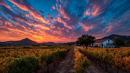 Obraz premium Idyllic vineyard landscape at sunset with farmhouse and spacious open sky, designed with upper blank space for branding, advertising, or wine label mockups.