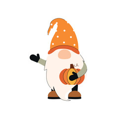 Cute autumn gnome holding a pumpkin in hand-drawn style. Cozy fall character design perfect for seasonal decor, greeting cards, and stickers. Warm and charming flat-style illustration for Hello Autumn