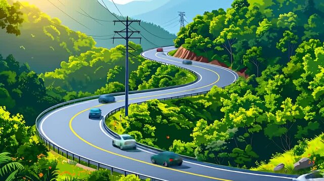 Winding mountain road with lush green forest and cars, sunny day, painted illustration
