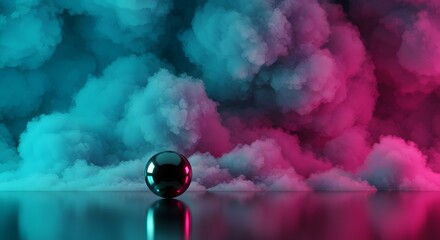 A chrome sphere reflecting pink and teal smoke on a reflective surface with a smoky background