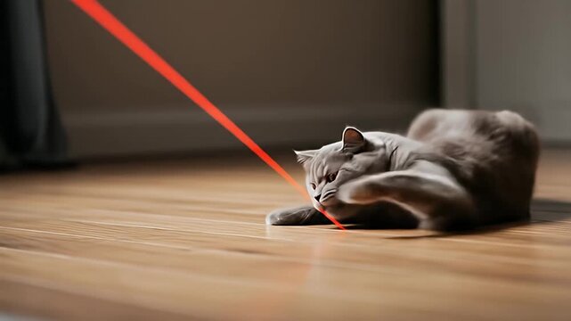 Gray cat playfully pounces on a red laser beam on a shiny wooden floor indoors