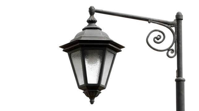 A generic street light fixture (traditional lamppost head), unlit, isolated on a Transparent background