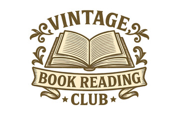 Vintage book club emblem, retro reading club logo, classic open book illustration, ornate scroll design, antique style vector, golden colors, literature society insignia, transparent background