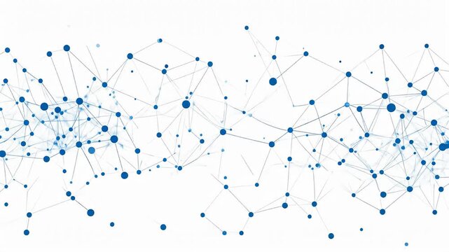 Abstract network of blue dots connected by lines on a bright white background